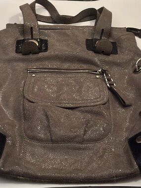 Makowsky Gray and Black Metallic Crackle Leather Satchel Purse,